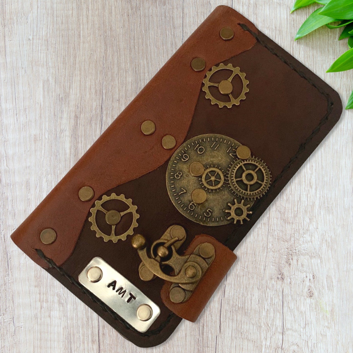 Personalized Steampunk Leather iPhone Folio Case - Brown