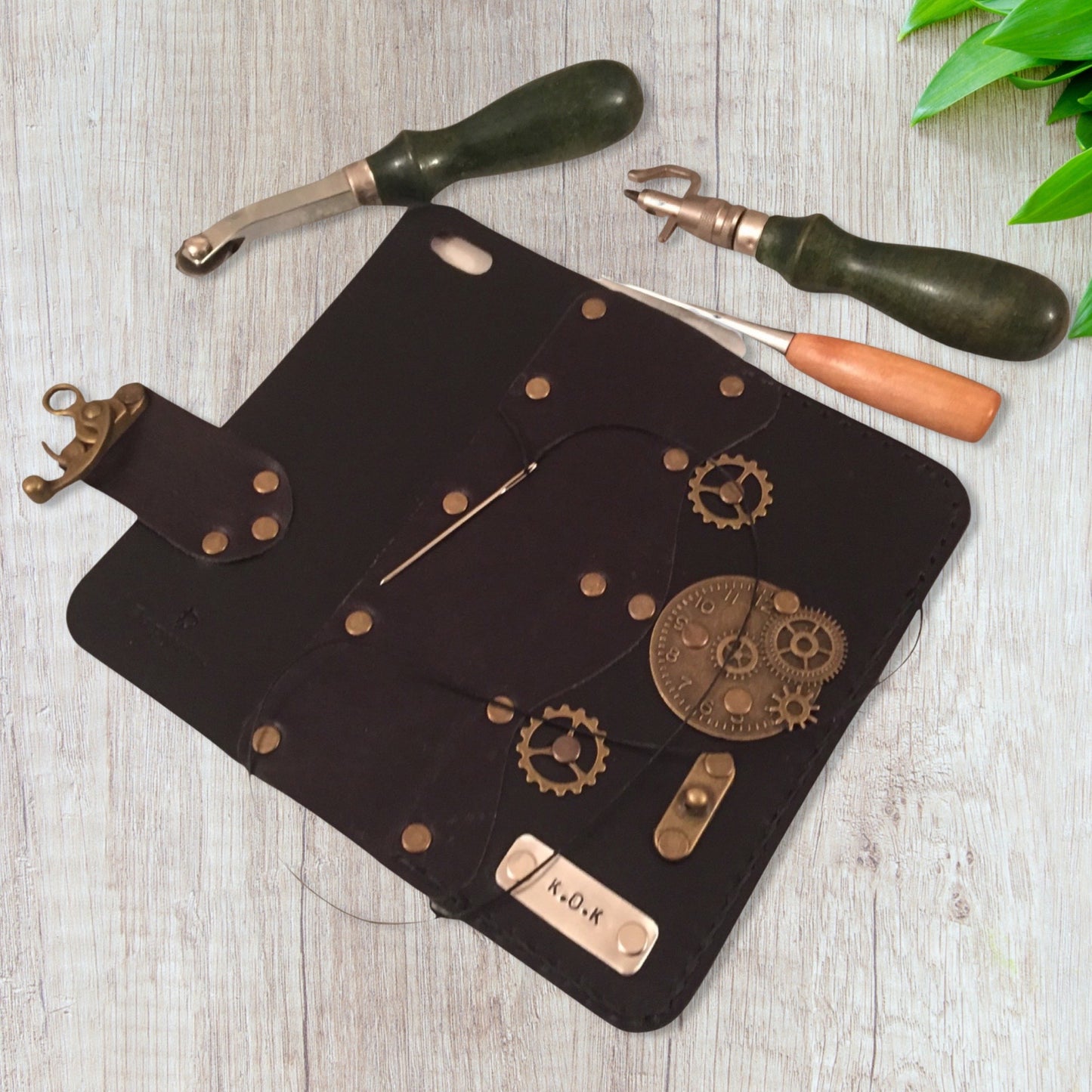 Personalized Steampunk Leather iPhone Folio Case - Brown