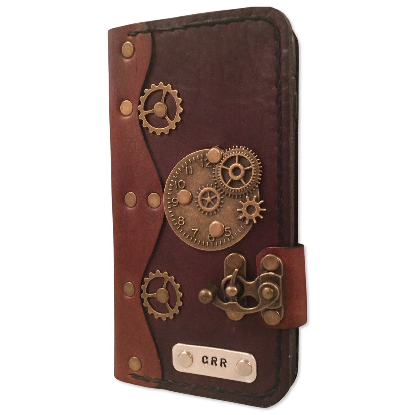 Personalized Steampunk Leather iPhone Folio Case - Brown