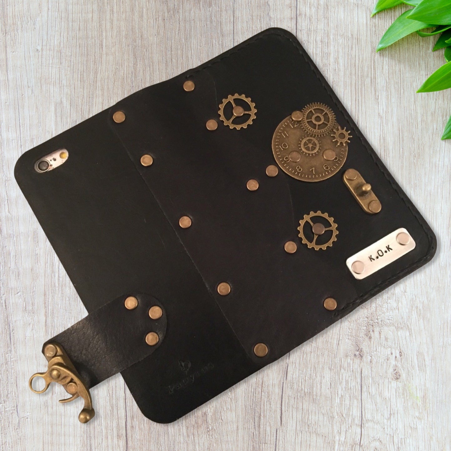 Personalized Steampunk Leather iPhone Folio Case - Brown