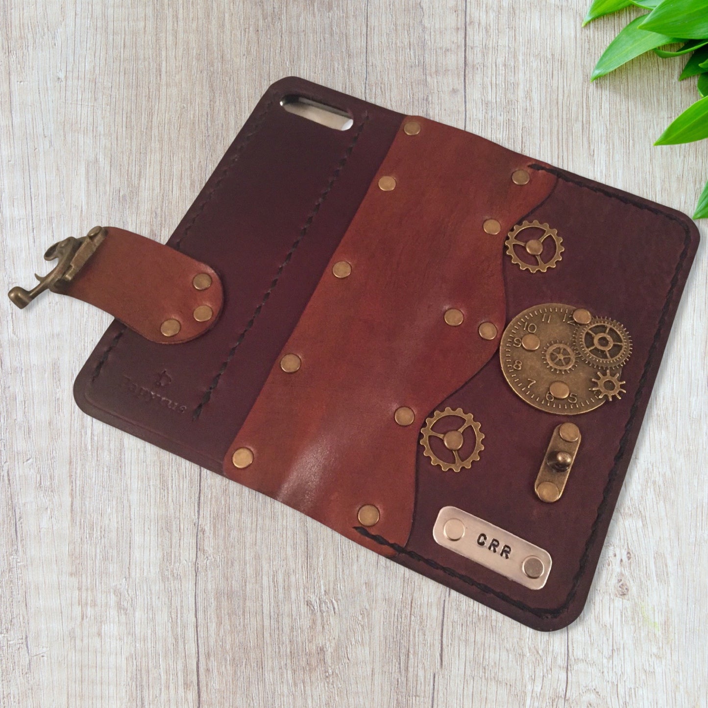 Personalized Steampunk Leather iPhone Folio Case - Brown
