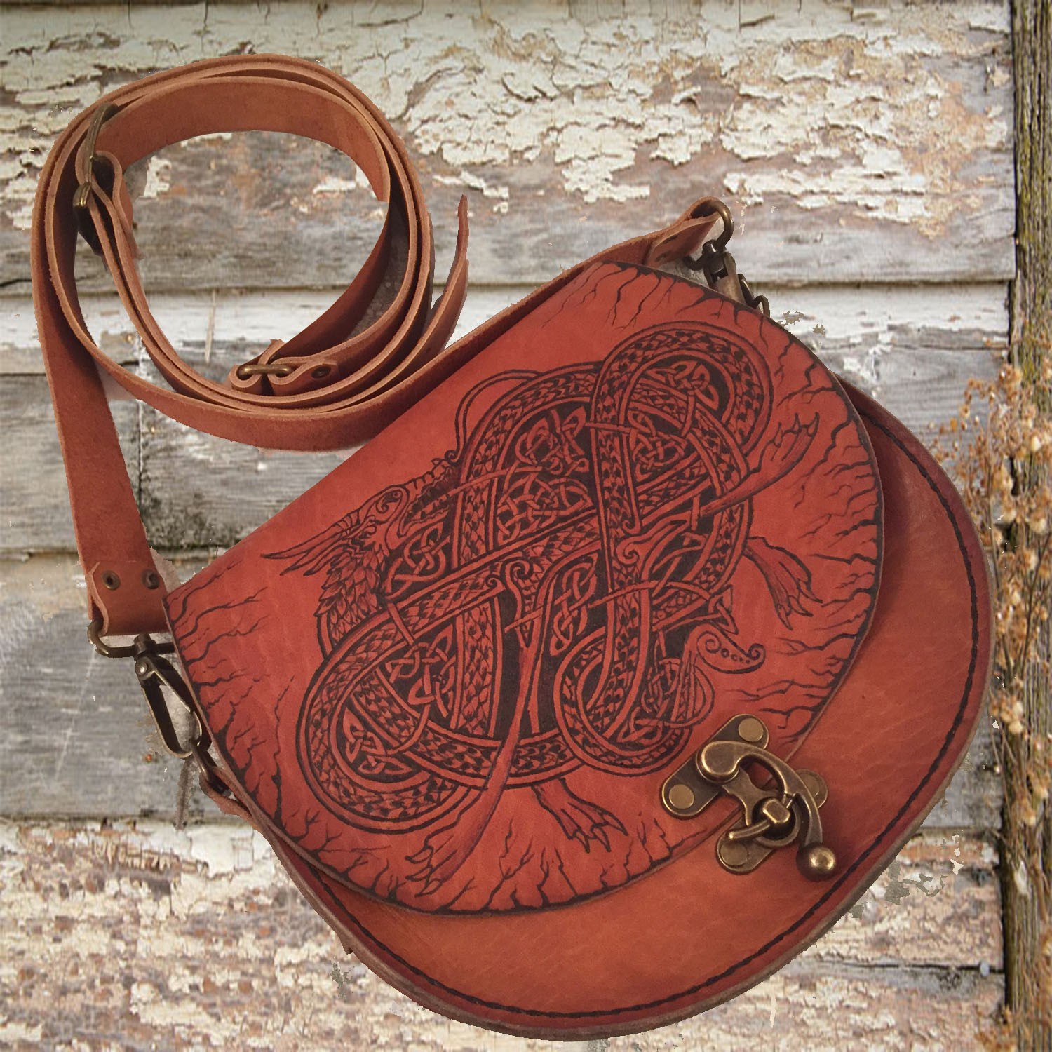 Hand Tooled Leather Festival Bag Yggdrasil Celtic Shoulder 