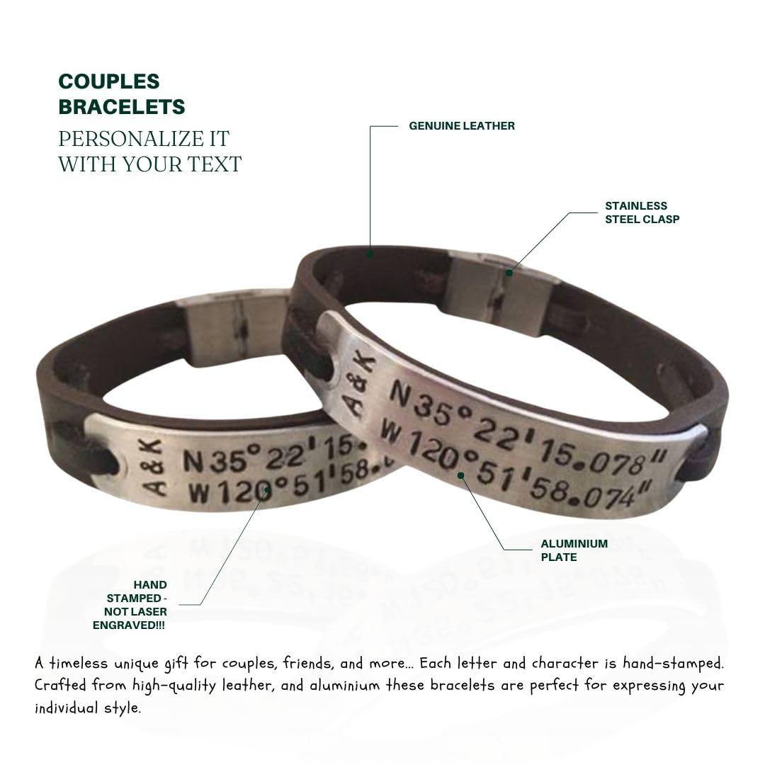 Custom Couples Coordinates Bracelet – Leather, Handcrafted