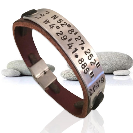 Custom Coordinates Bracelet – Leather, Handcrafted