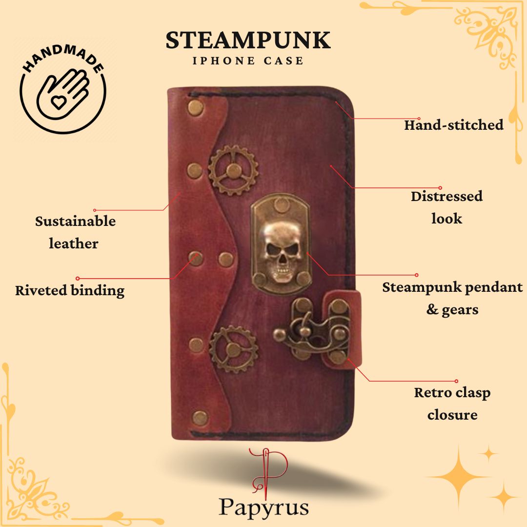 Steampunk 3D Skull Leather iPhone Folio Case - Brown