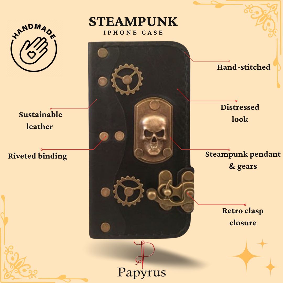 Steampunk 3D Skull Leather iPhone Folio Case - Brown