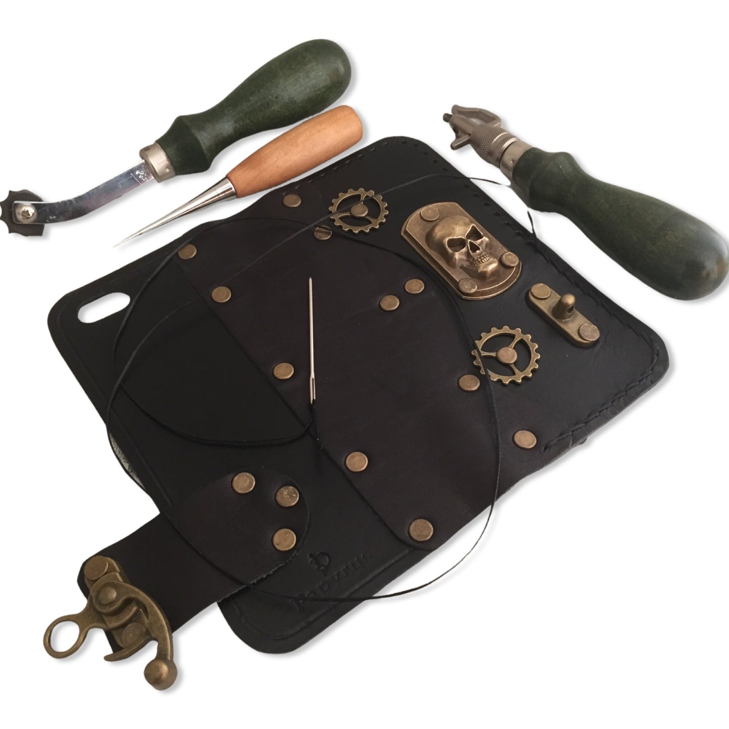 Steampunk 3D Skull Leather iPhone Folio Case - Brown