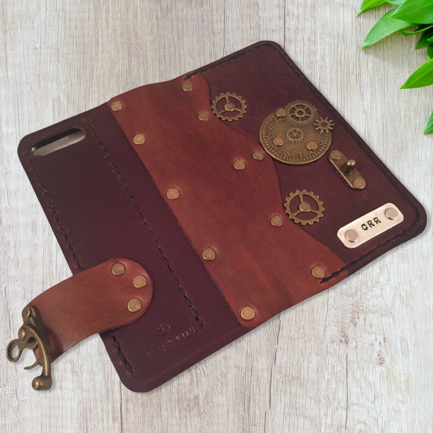 Personalized Steampunk Leather iPhone Folio Case - Brown