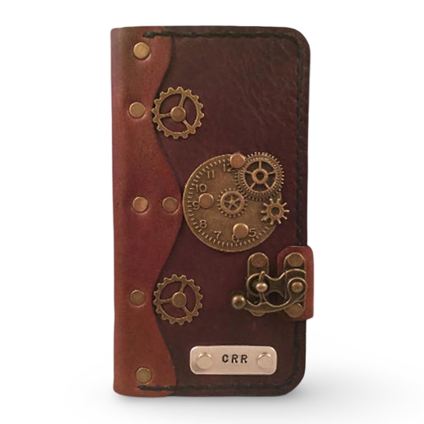 Personalized Steampunk Leather iPhone Folio Case - Black