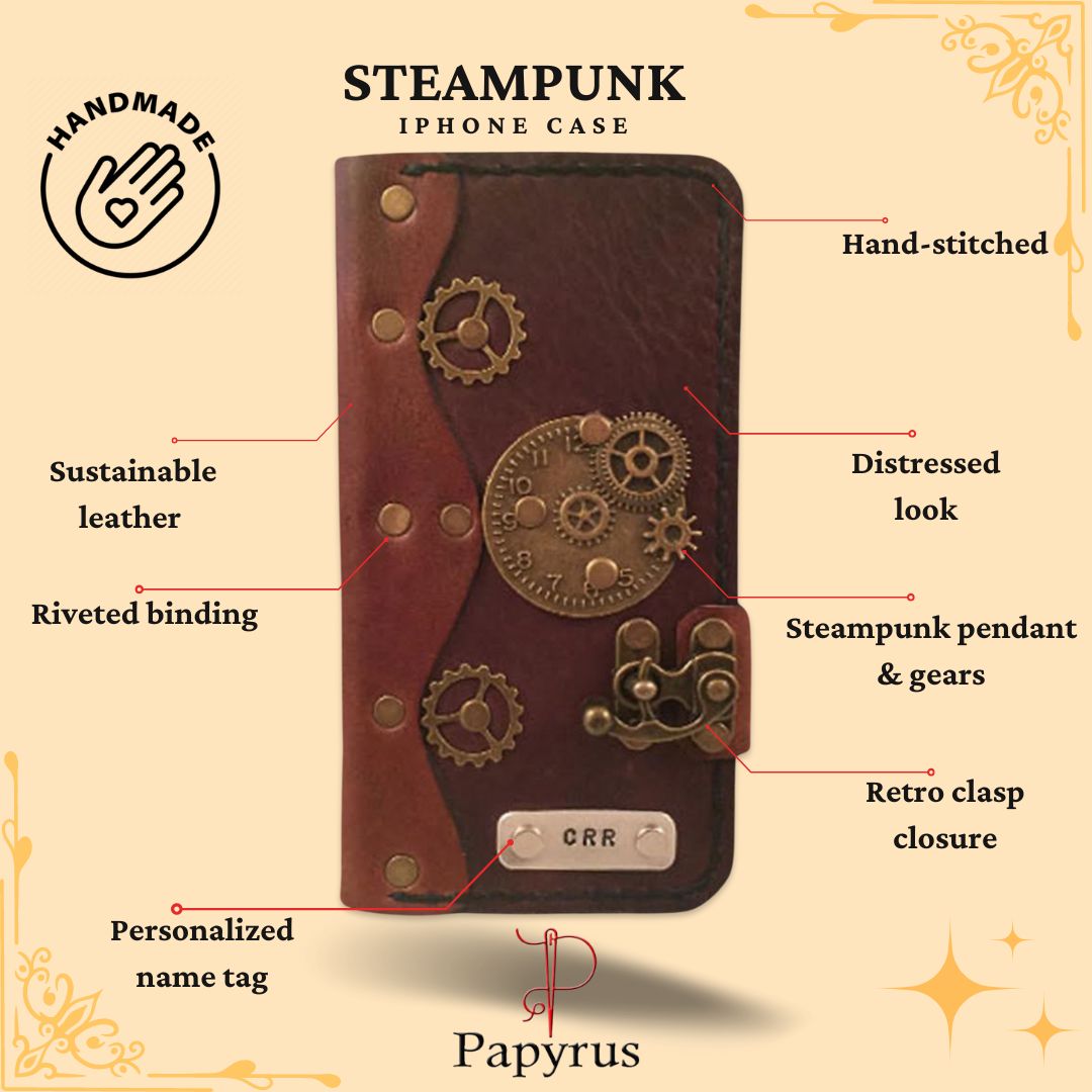Personalized Steampunk Leather iPhone Folio Case - Brown