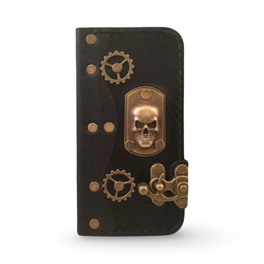 Steampunk 3D Skull Leather iPhone Folio Case - Black