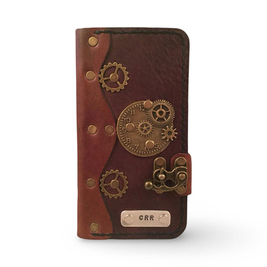 Personalized Steampunk Leather iPhone Folio Case - Brown
