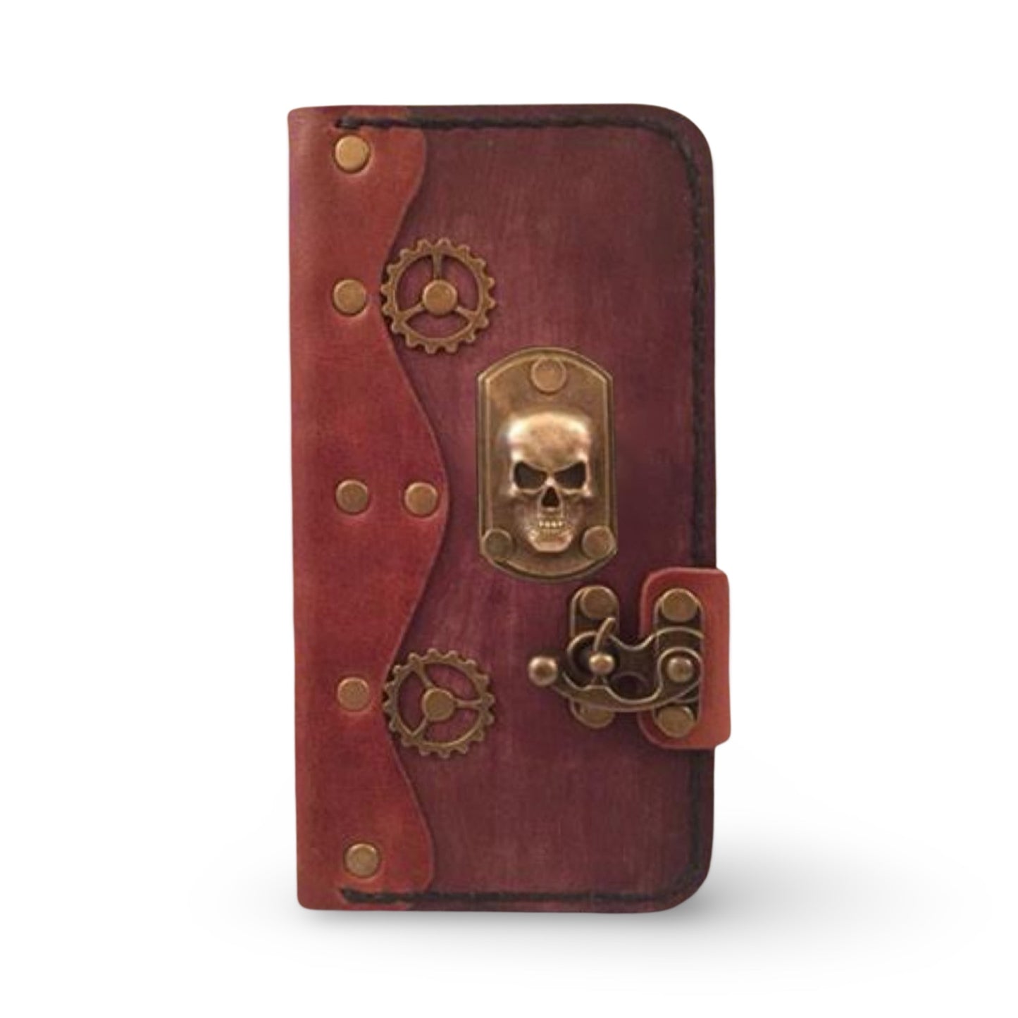 Steampunk 3D Skull Leather iPhone Folio Case - Brown