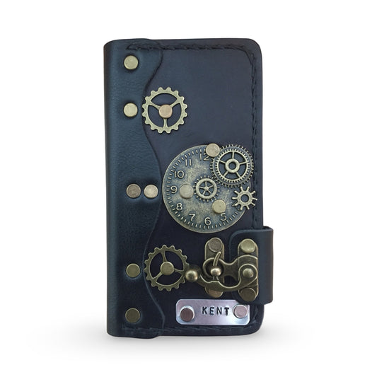 Personalized Steampunk Leather iPhone Folio Case - Black