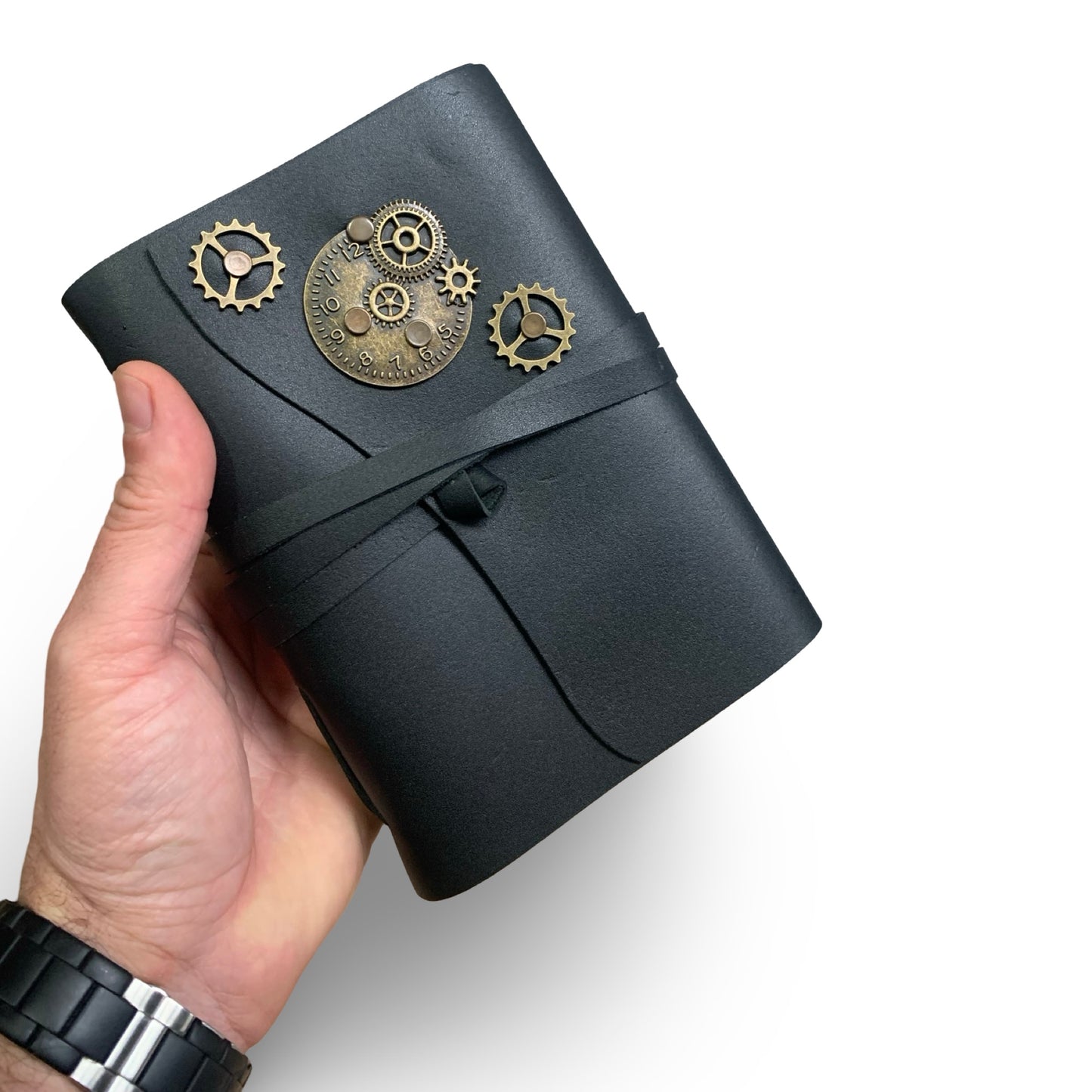 ChronoGear Wraparound Leather Journal – Steampunk Edition - Shadowforge Black